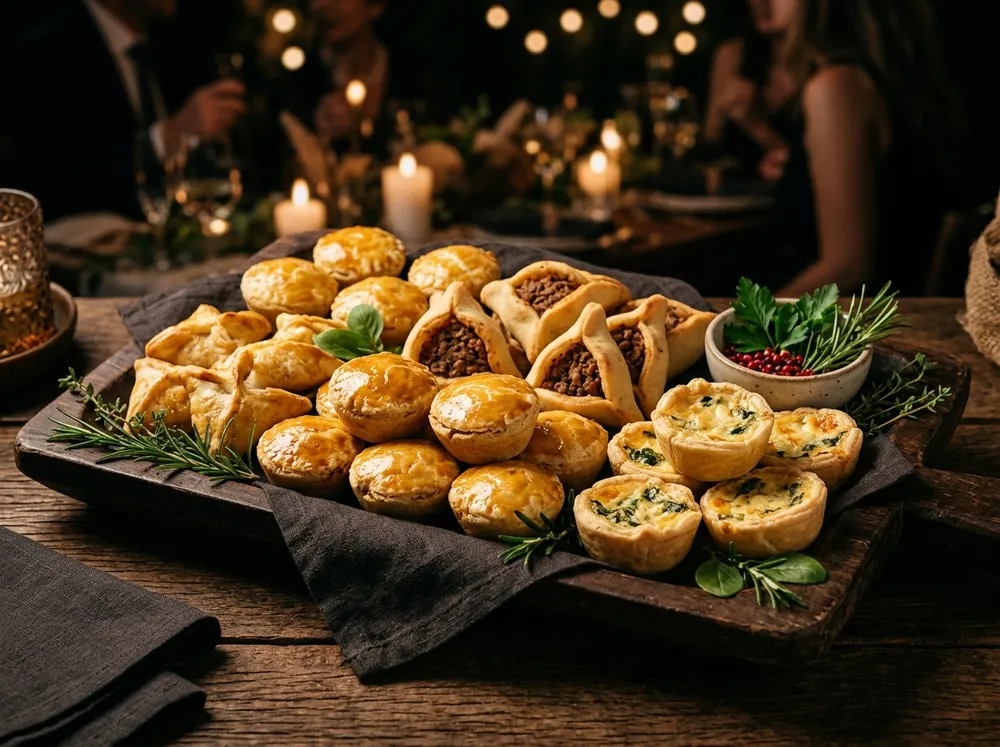 Mini salgados assados finos: empadas, esfihas e quiches