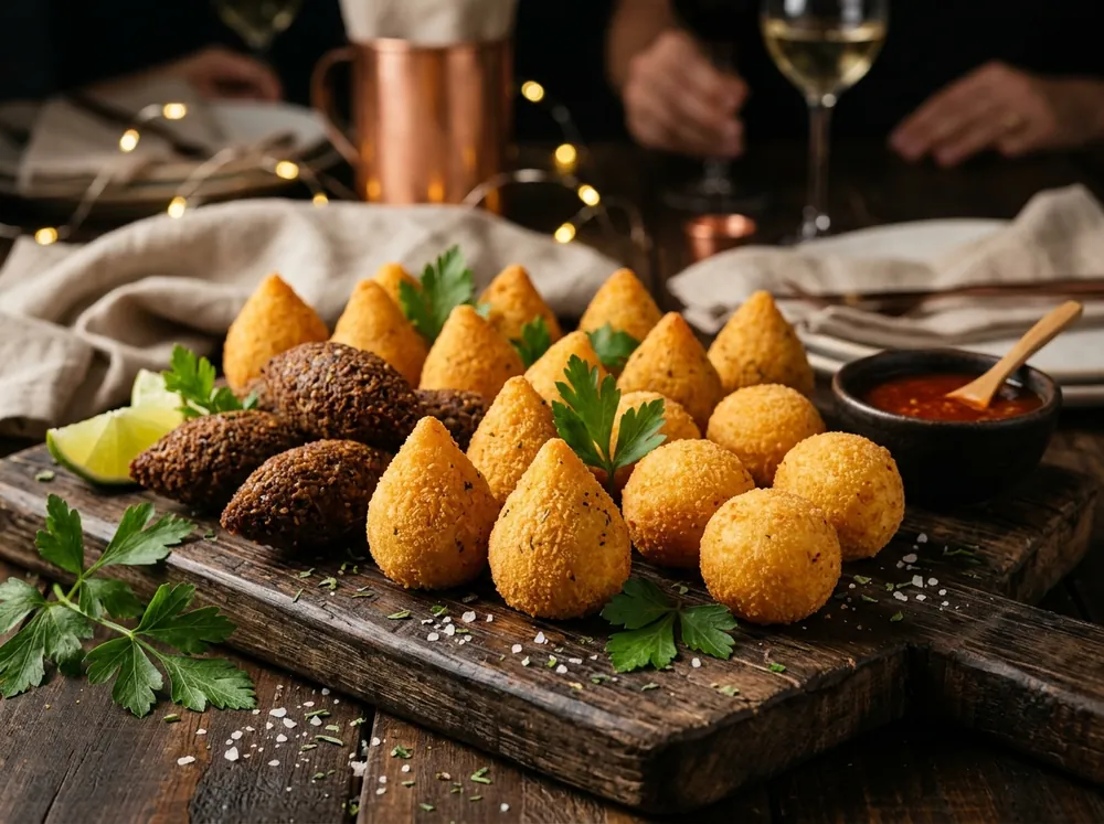 Mini salgados fritos tradicionais: coxinhas, quibes e bolinhas de queijo